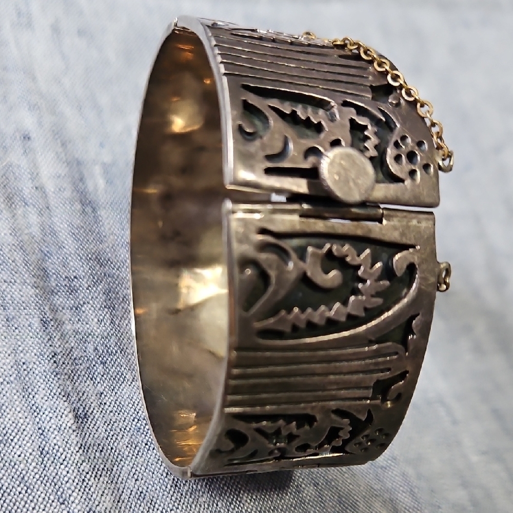 Vintage Taxo Mexico Artisan Silver Floral Hinged Bracelet Bangel Cuff - Picture 8 of 17